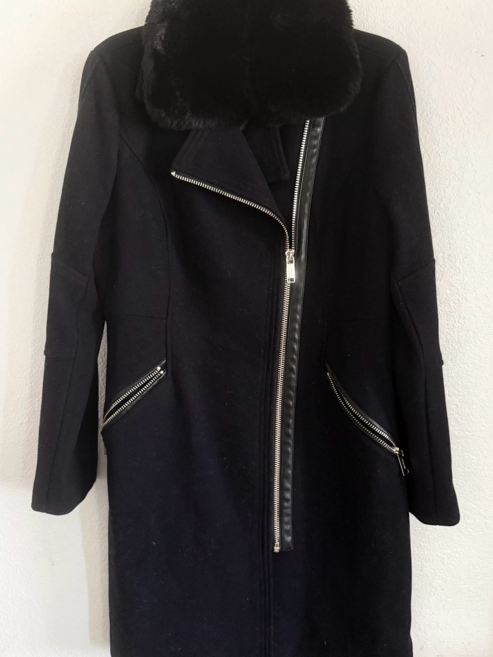 Michael Kors Black Wool-Blend Trench Coat with Faux Fur Collar